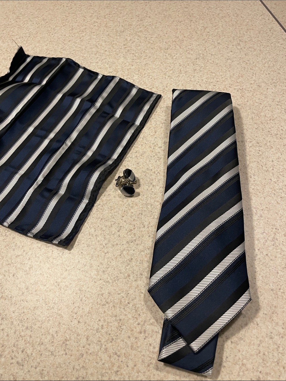 Striped black, Navy, and Silver Tie with Matching Pocket Square and cuff links